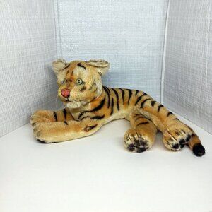 VINTAGE 1950s-1970s STEIFF 12" Lying Tiger, No Tags, Mohair, Glowing Eyes.